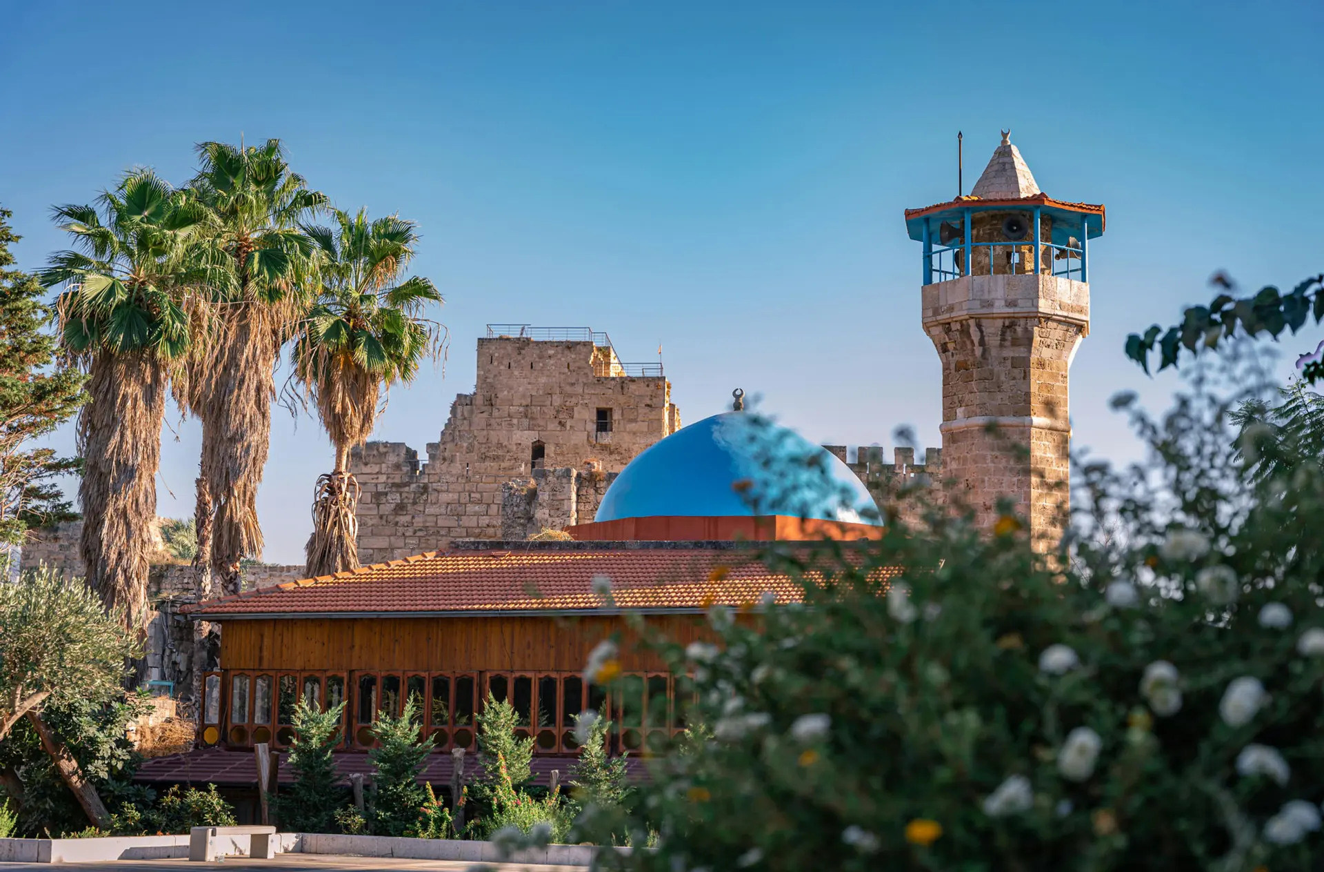 Seaside mosque and old stone houses in Byblos