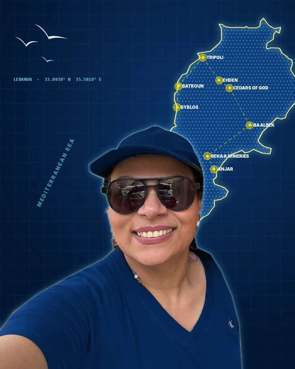 Nass, your local guide, in front of a glowing map of Lebanon
